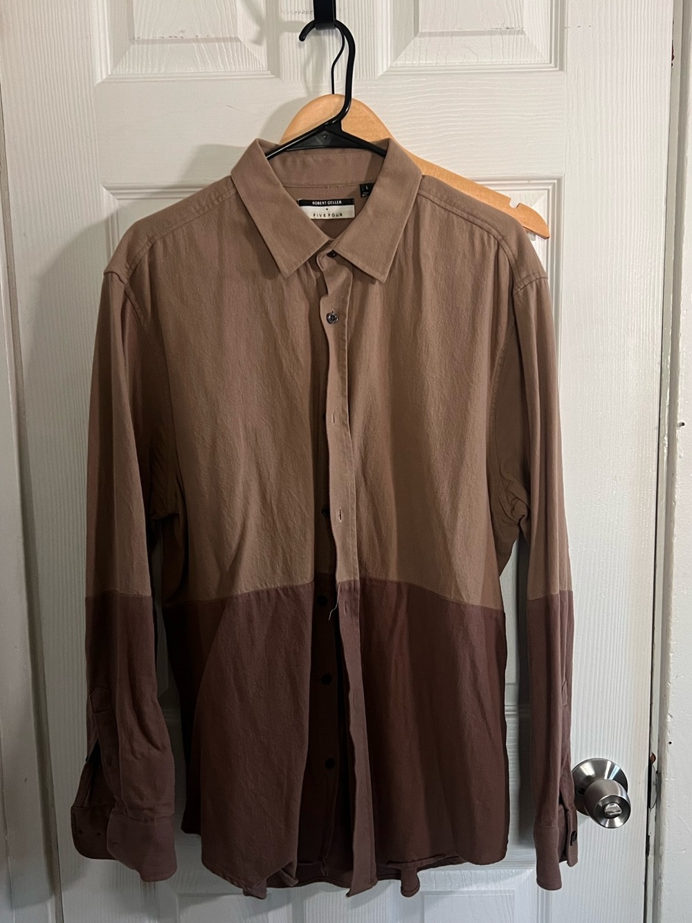 Colorblock Brown Long-Sleeve Men's Soft Cotton Shirt | Large